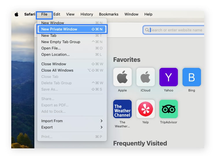 Screenshot of Safari menu > New Incognito Window.