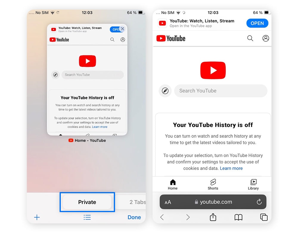 Screenshot of YouTube website opened in Safari incognito window.