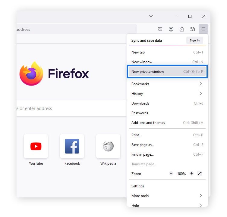 Screenshot of Mozilla Firefox menu > New Private Window.