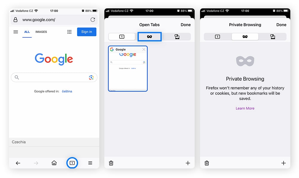 Screenshot of Mozilla Firefox menu on mobile > New Private Window.