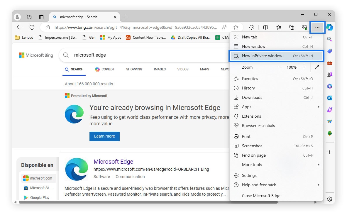 Screenshot of Edge menu > New InPrivate Window.