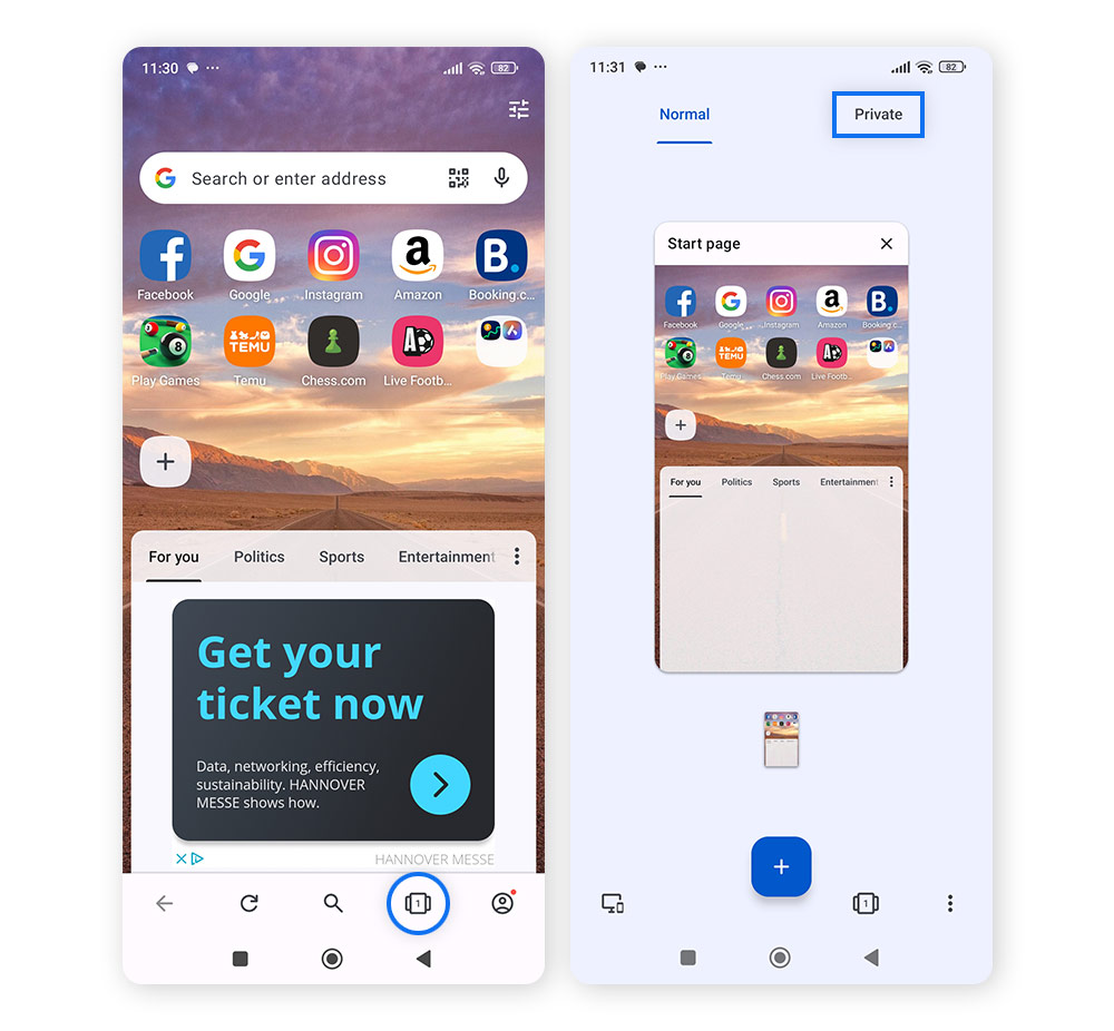 Screenshot of Opera menu on mobile > New Private Tab.