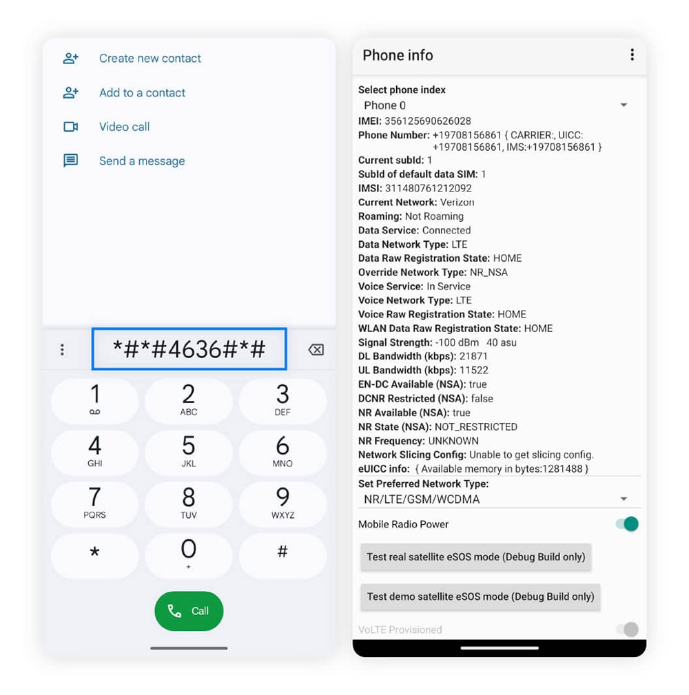 Two screenshots showing the display when you dial *#*#4636#*#* on an Android device.