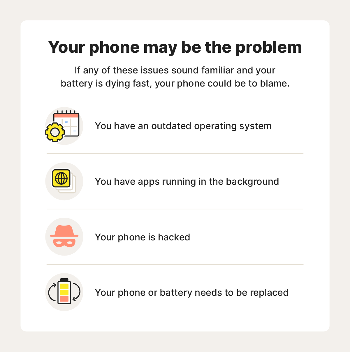 An image overviewing some phone issues that could be the reason why your battery is draining so fast.
