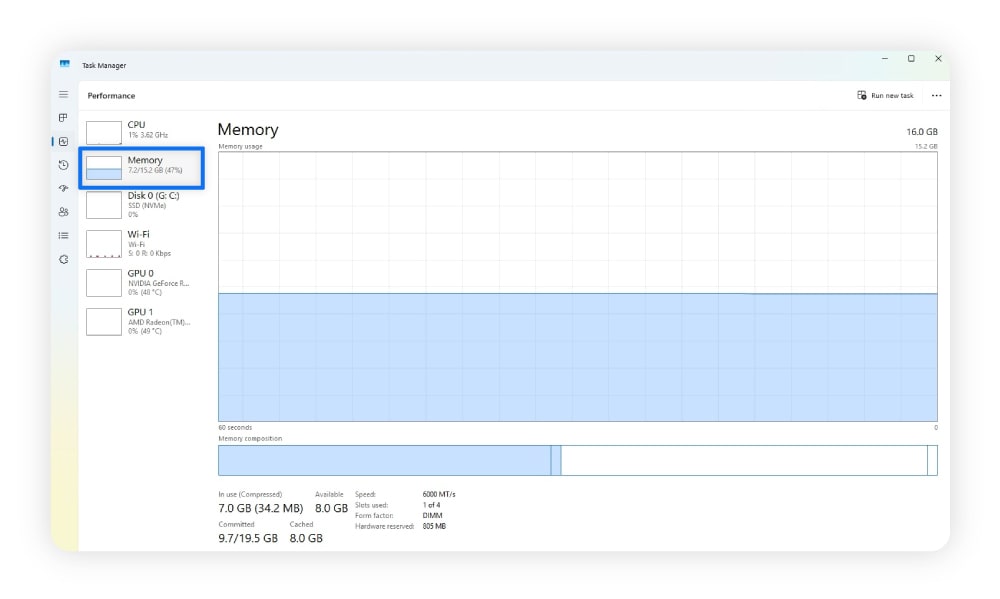 A screenshot showing how to check a PC’s memory through Task Manager.
