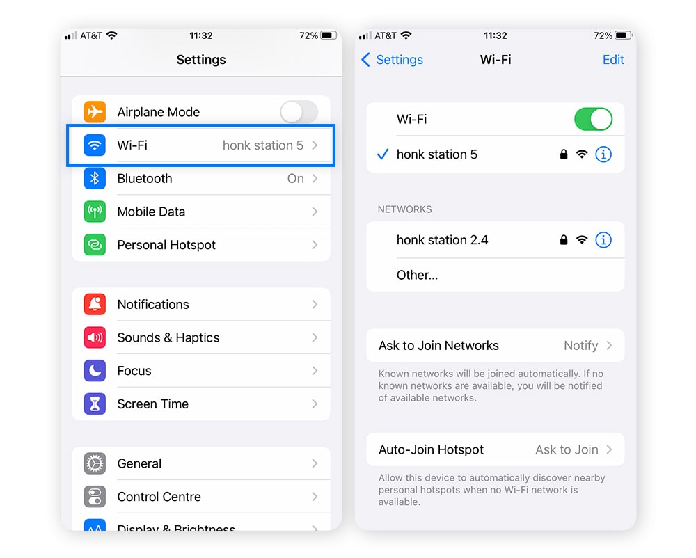 Screenshots from iOS Settings > Wi-Fi.