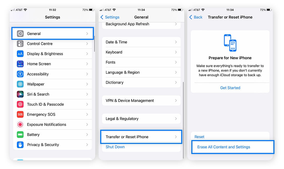 Screenshots from iOS Settings > General > Transfer or Reset iPhone.