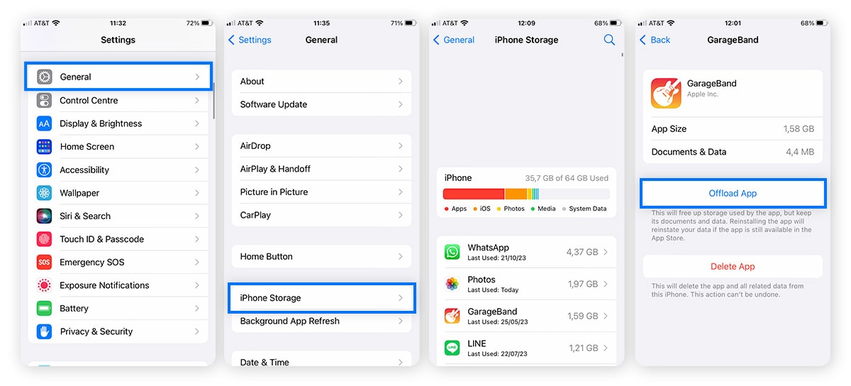Screenshots from iOS Settings > General > iPhone Storage > GarageBand.