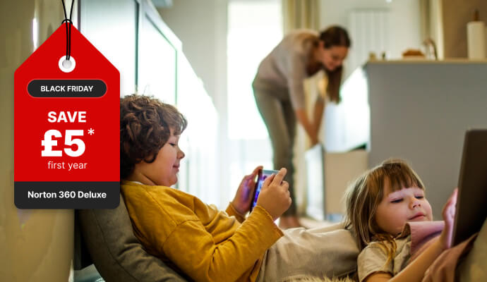 Kids lying down using tablet devices while mother in the background is tidying the kitchen. Black Friday savings tag visible.